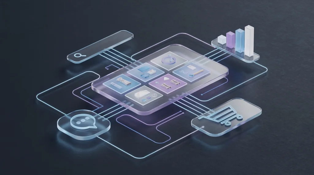 Illustration of the NextAI-SEM platform dashboard — storefront, search, cart and chat panels connected around a glowing core.