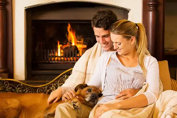 Living room with a lit pellet stove